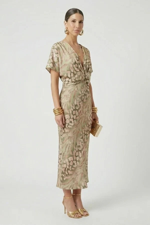Lightweight Women’s Wrap Dress - Flattering Twisted Knot V-Neck, Printed Polyester, For Party