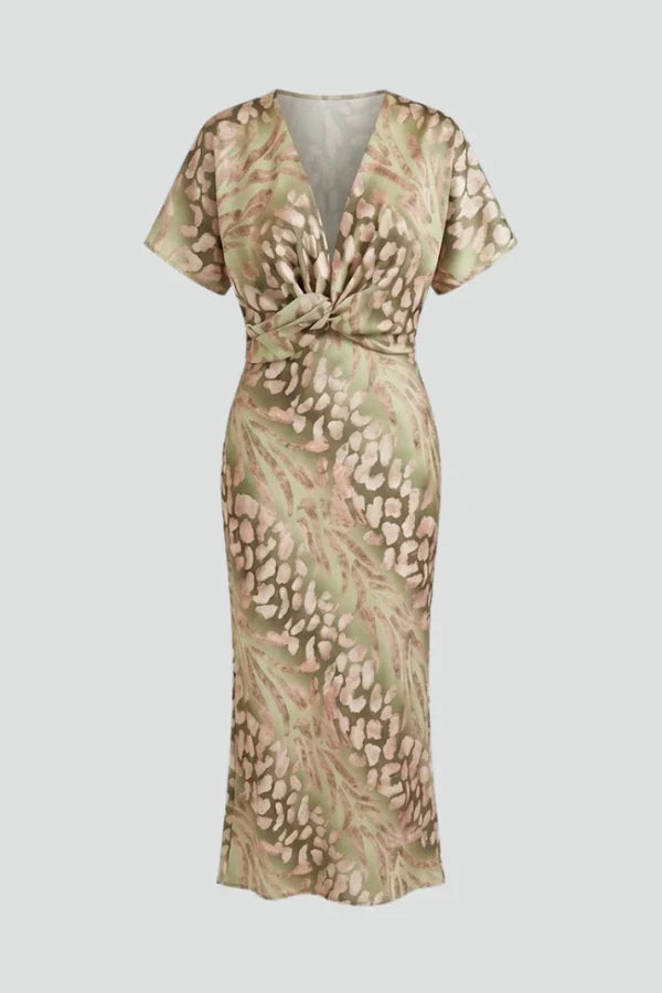 Lightweight Women’s Wrap Dress - Flattering Twisted Knot V-Neck, Printed Polyester, For Party