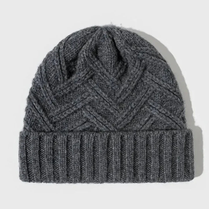 Warm Classic Wool Beanie - Ribbed Cuff, Chevron Knit