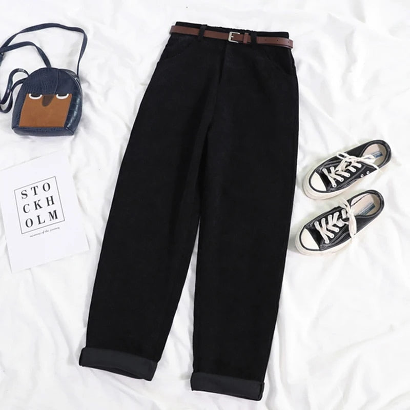 High Waist Corduroy Pants for Women, Wide Leg Cotton Trousers in Black and Coffee, Comfortable Casual Style