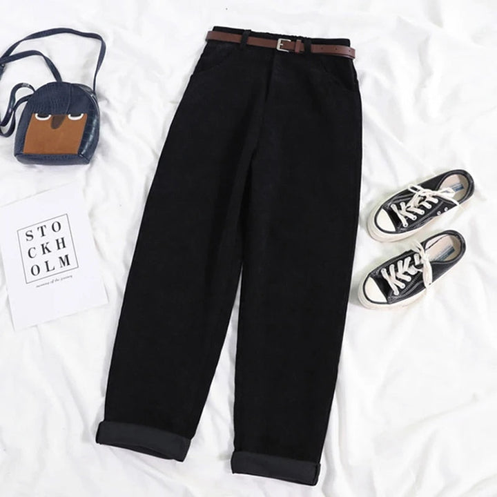 High Waist Corduroy Pants for Women, Wide Leg Cotton Trousers in Black and Coffee, Comfortable Casual Style