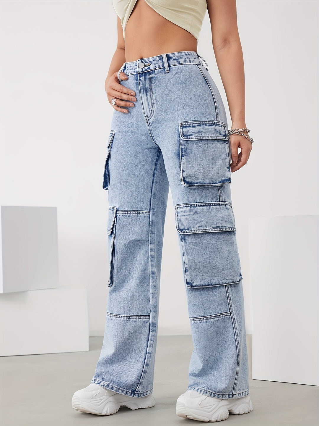 High-Waist Cargo Trousers for Women in Medium Blue, Stretch Fabric, Straight-Leg Fit, Stylish Snowflake Design