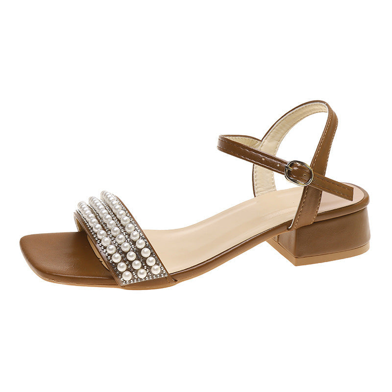 Lightweight Women’s Sandals - Mid-Heel Square Toe, Pearl-Embellished Straps, PU, For Summer