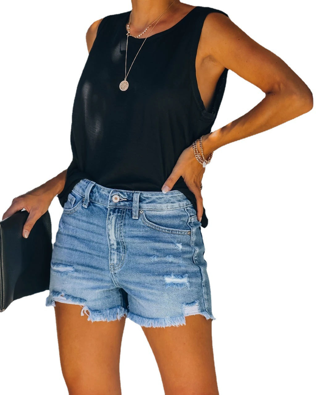 Stretchy Women’s Denim Shorts – Distressed Cut, Denim, Casual Everyday Wear for Summer