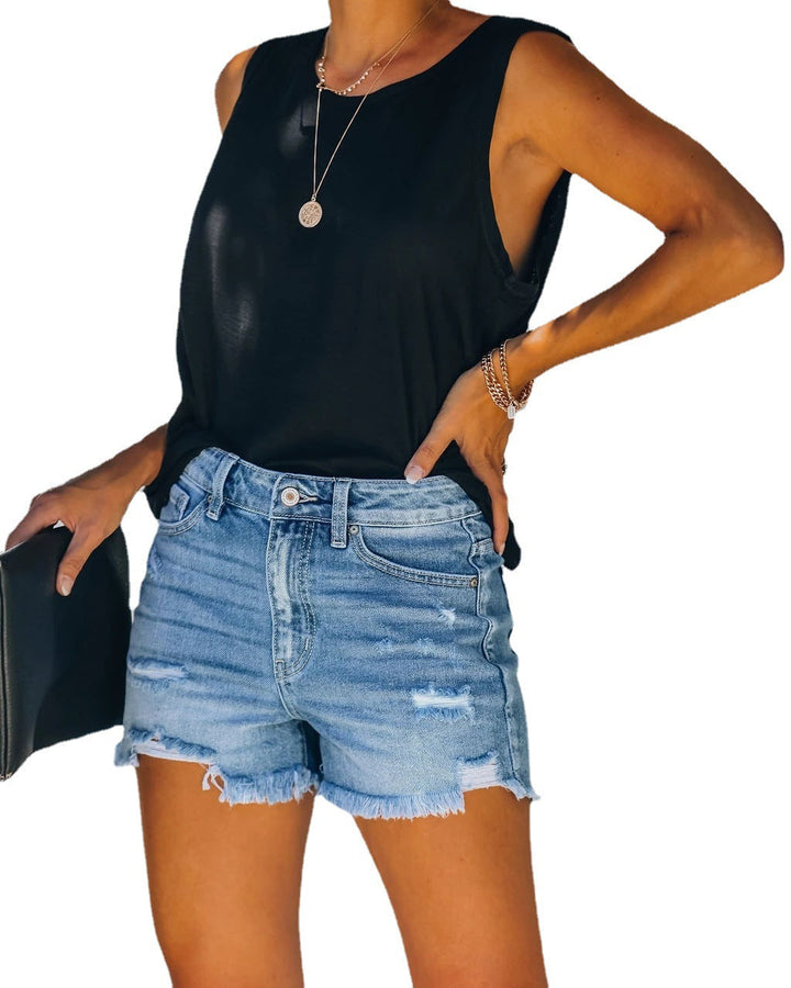 Stretchy Women’s Denim Shorts – Distressed Cut, Denim, Casual Everyday Wear for Summer