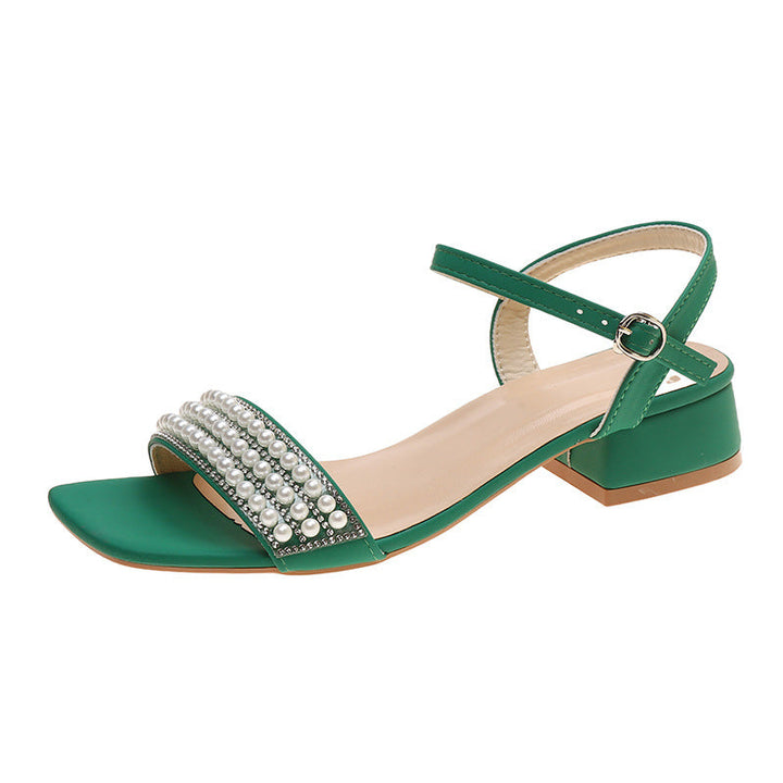 Lightweight Women’s Sandals - Mid-Heel Square Toe, Pearl-Embellished Straps, PU, For Summer