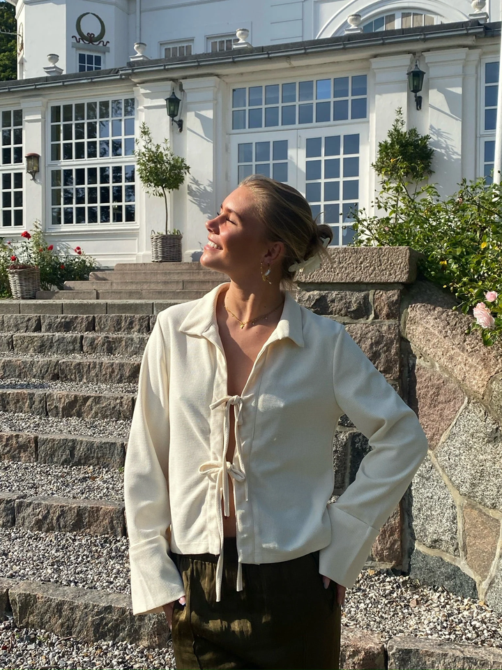Elegant Cream Silk Blouse with Bow Bands and Wide Cuffs, Long Sleeve Tops for Women