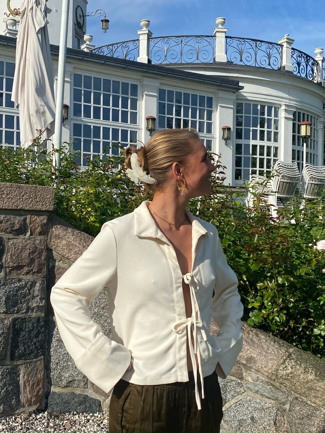 Elegant Cream Silk Blouse with Bow Bands and Wide Cuffs, Long Sleeve Tops for Women