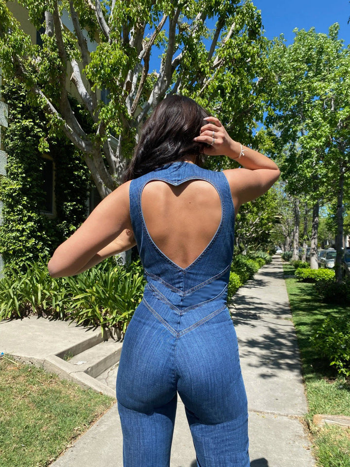 90s Inspired Denim Overalls for Women, Body-Hugging Fit, Classic Denim Blue, Easy Care Jean Jumper