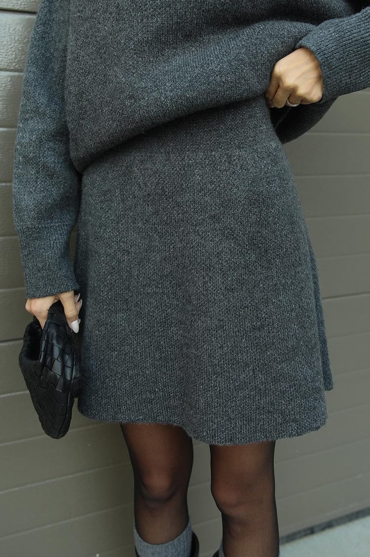 Soft Flattering Women’s Sweater Skirt Set - Pullover Crewneck, Knit High-Waist A-Line Mini Skirt For Fall