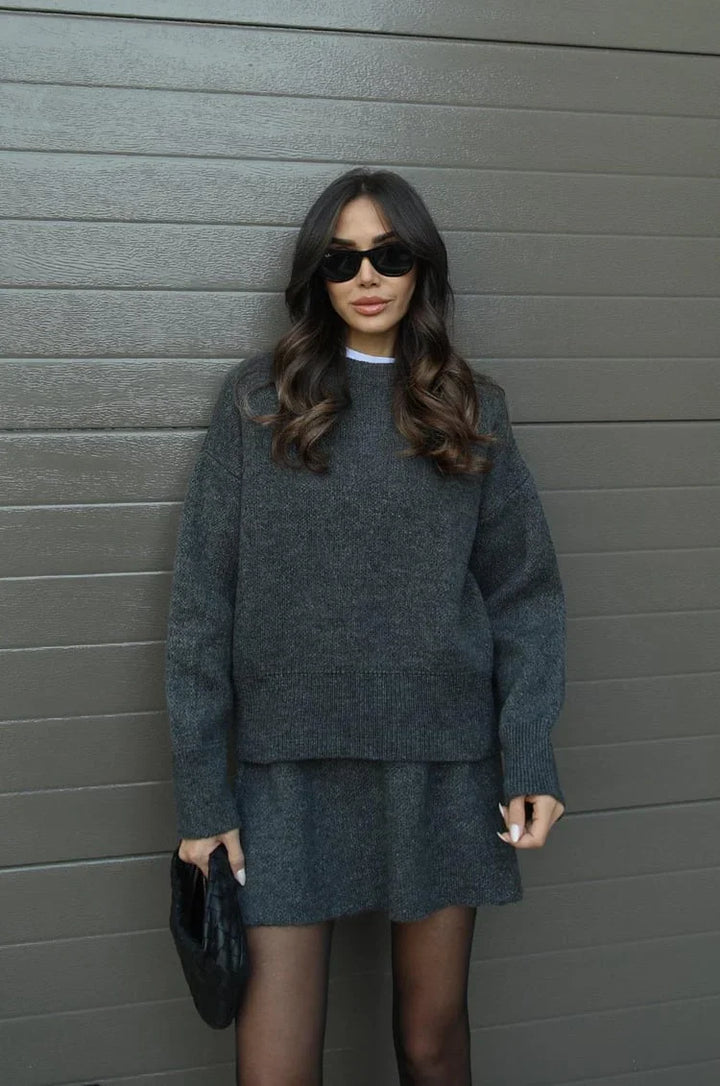 Soft Flattering Women’s Sweater Skirt Set - Pullover Crewneck, Knit High-Waist A-Line Mini Skirt For Fall
