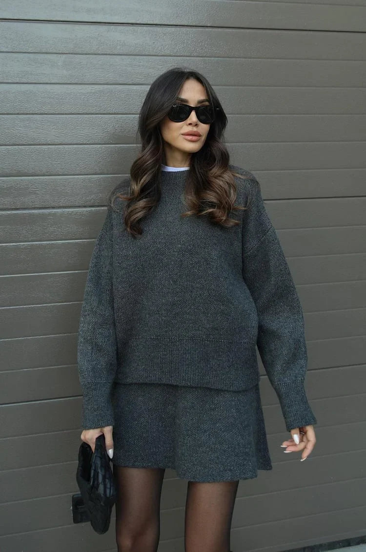 Soft Flattering Women’s Sweater Skirt Set - Pullover Crewneck, Knit High-Waist A-Line Mini Skirt For Fall