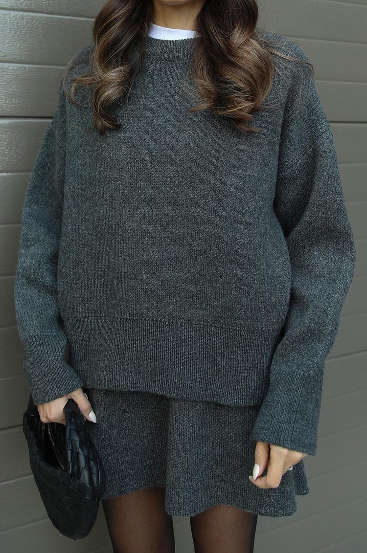 Soft Flattering Women’s Sweater Skirt Set - Pullover Crewneck, Knit High-Waist A-Line Mini Skirt For Fall
