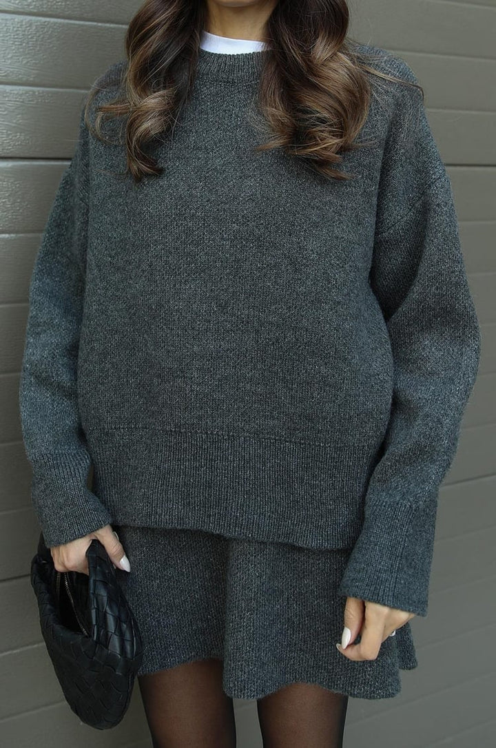 Soft Flattering Women’s Sweater Skirt Set - Pullover Crewneck, Knit High-Waist A-Line Mini Skirt For Fall