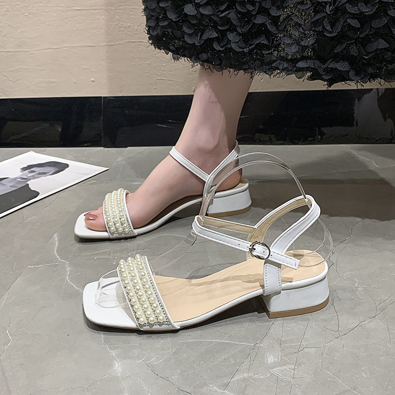 Lightweight Women’s Sandals - Mid-Heel Square Toe, Pearl-Embellished Straps, PU, For Summer