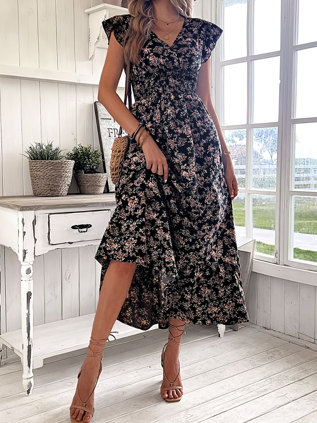 A-Line Dress for Women with Ruffle Sleeves and Elastic Waist, Lightweight Spring Fashion