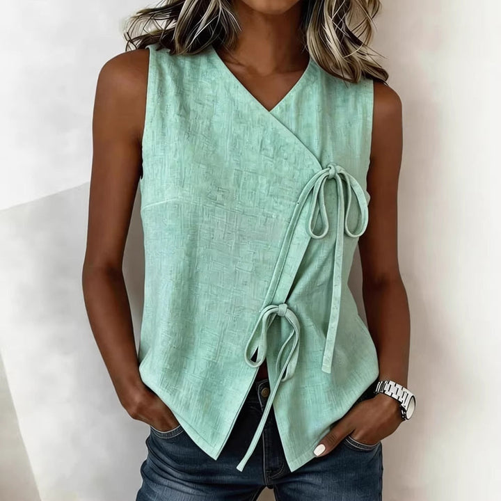Breathable Women’s Sleeveless Top – Bow-Tied V-Neck, Cotton and Linen, Casual Wear