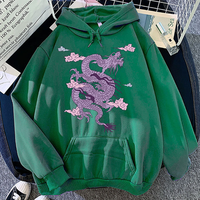 Warm Men’s Hoodie - Dragon Print Pullover, Polyester Casual