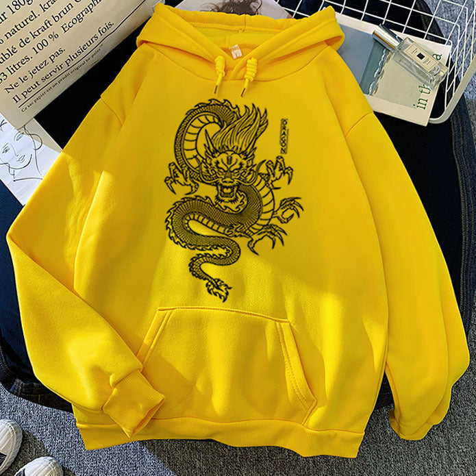 Warm Men’s Hoodie - Dragon Print Pullover, Polyester Casual