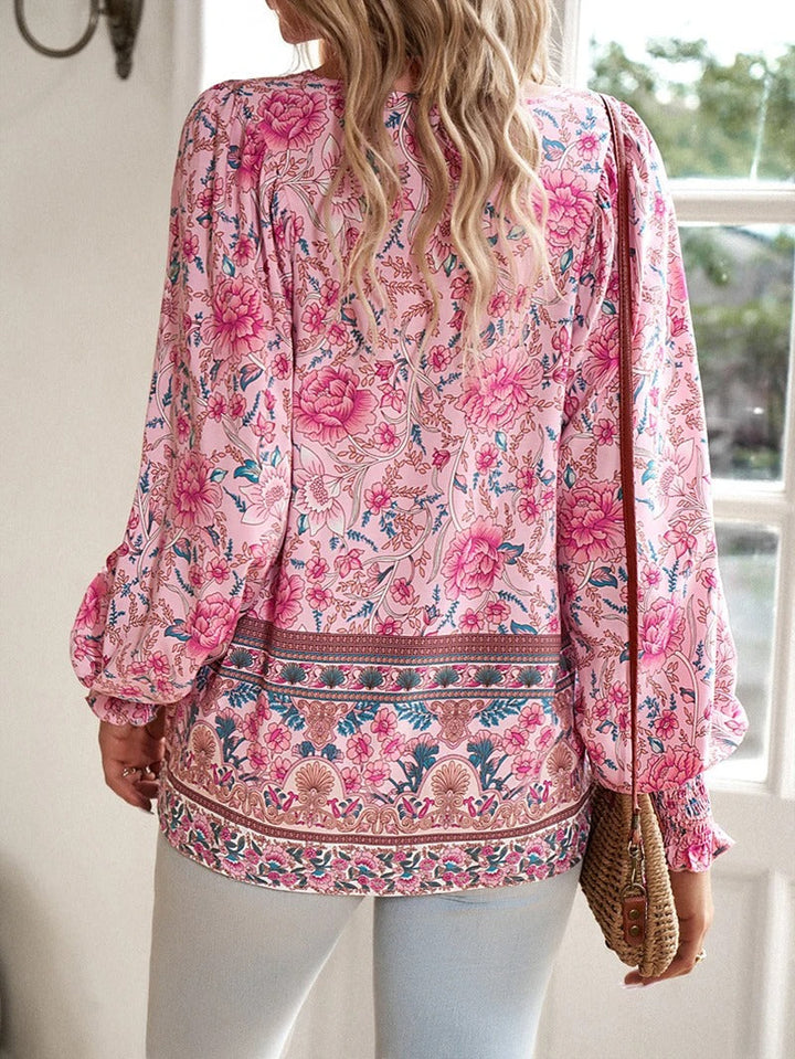 Summer Floral Blouse for Women, Lightweight Cotton Top with Adjustable Fit and Boho Design, Perfect for Casual Outings