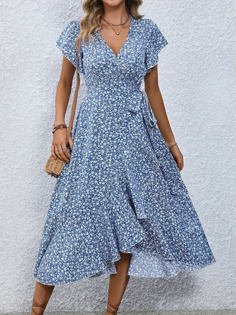 Elegant Womens Dress with Flutter Sleeves and Wrap Detail - Perfect for Wedding Guests and Summer Events