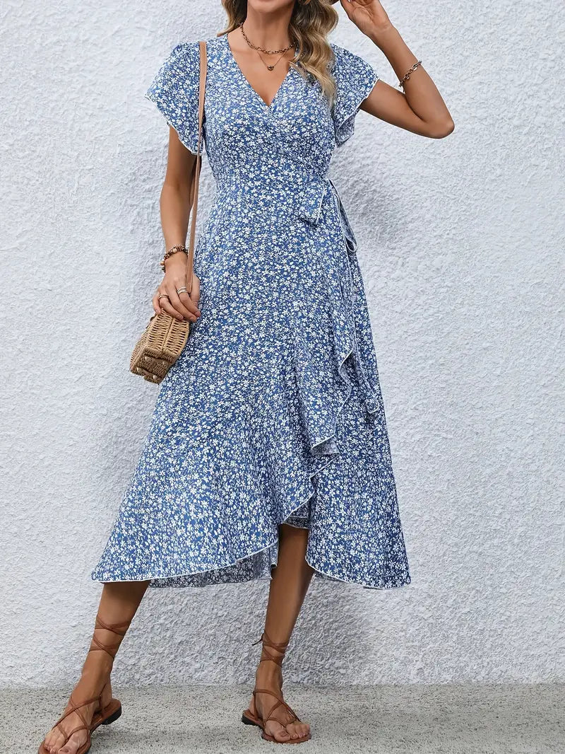 Elegant Womens Dress with Flutter Sleeves and Wrap Detail - Perfect for Wedding Guests and Summer Events