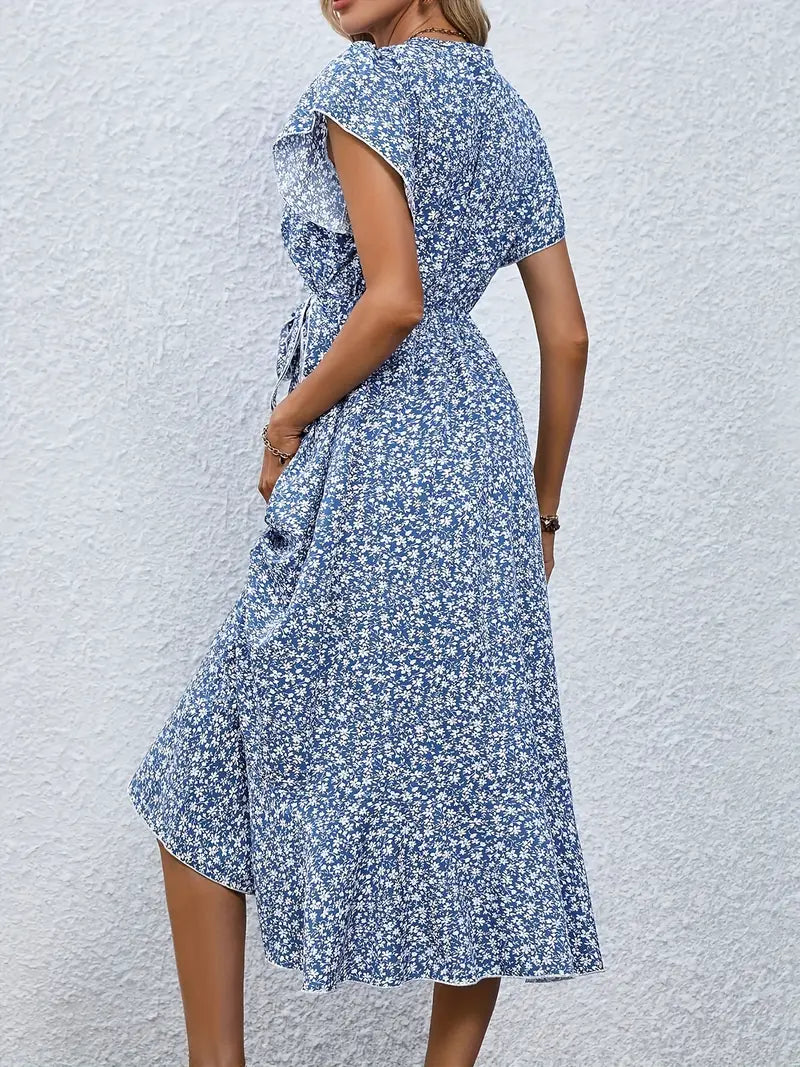 Elegant Womens Dress with Flutter Sleeves and Wrap Detail - Perfect for Wedding Guests and Summer Events