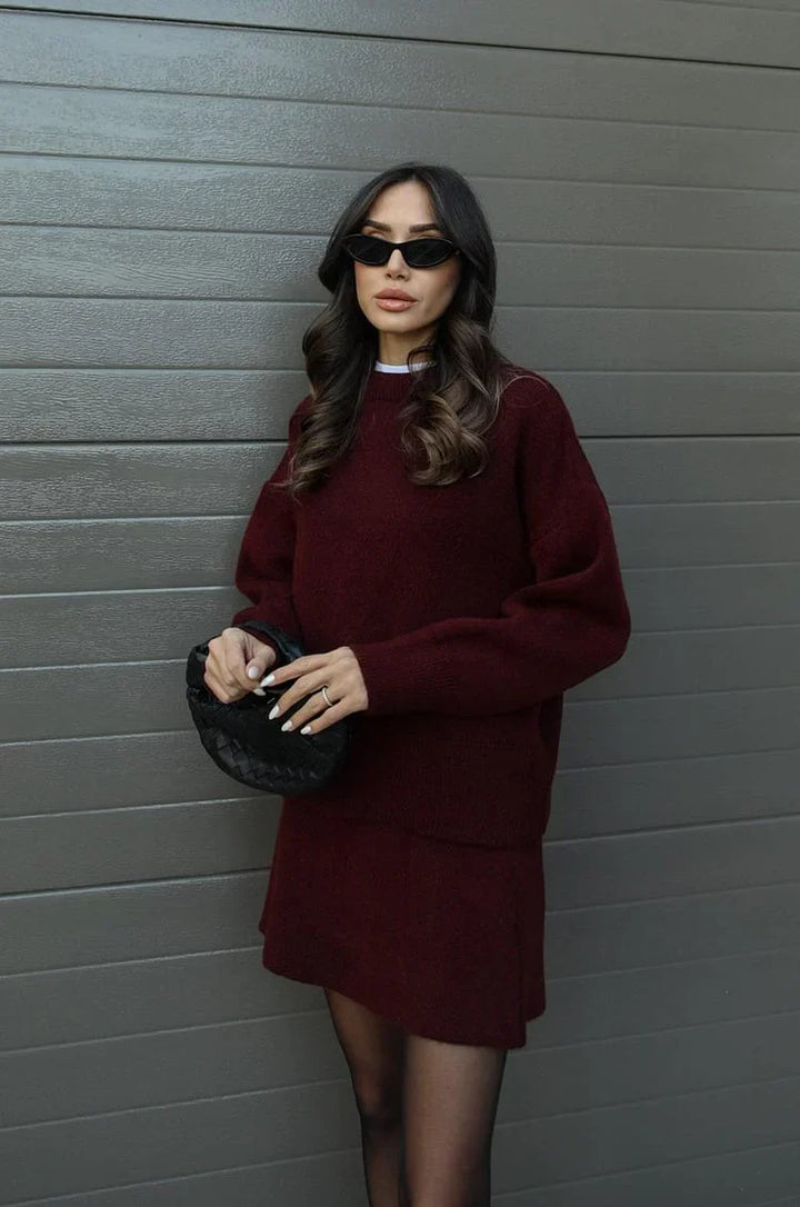 Soft Flattering Women’s Sweater Skirt Set - Pullover Crewneck, Knit High-Waist A-Line Mini Skirt For Fall