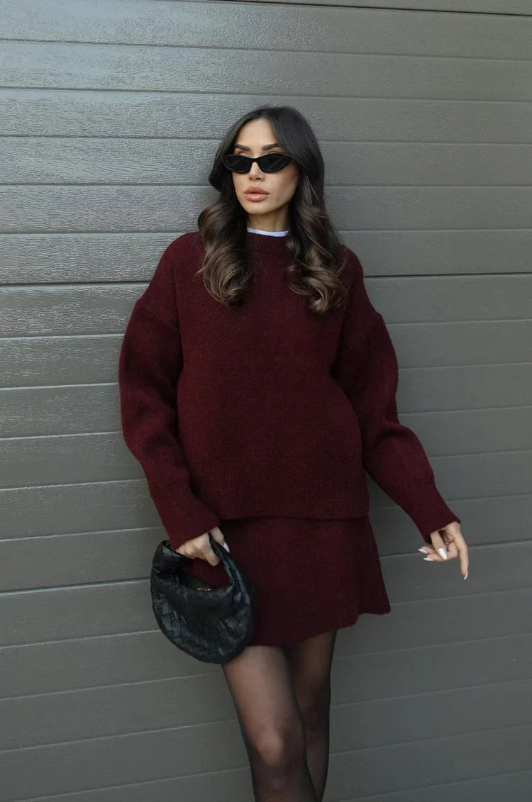 Soft Flattering Women’s Sweater Skirt Set - Pullover Crewneck, Knit High-Waist A-Line Mini Skirt For Fall