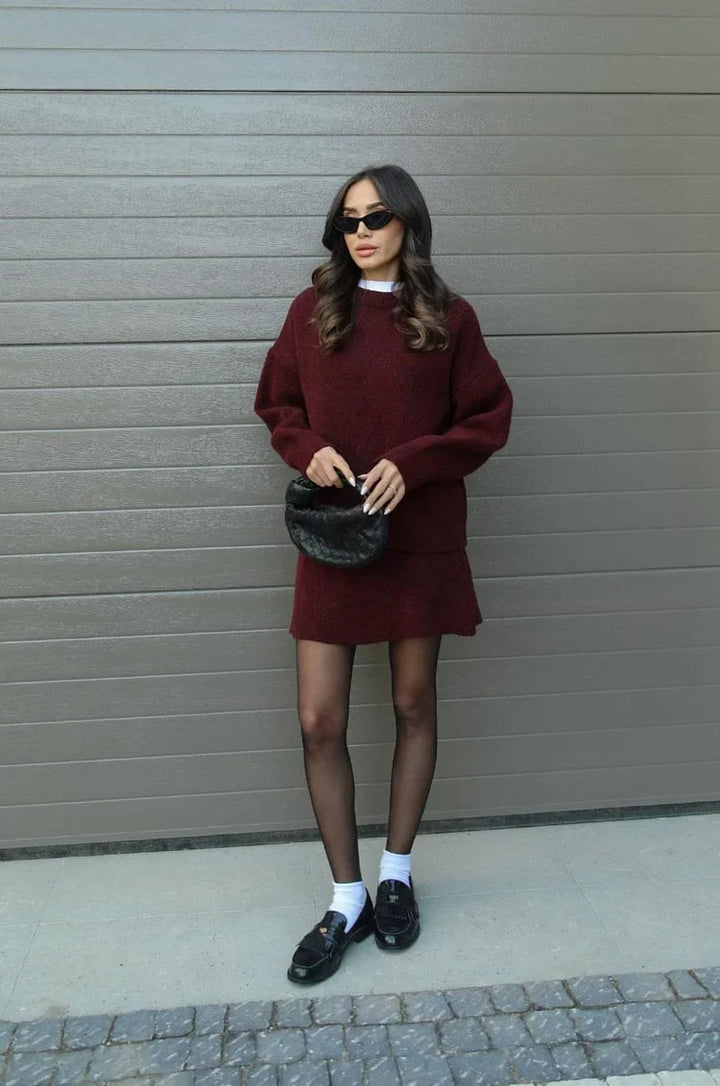 Soft Flattering Women’s Sweater Skirt Set - Pullover Crewneck, Knit High-Waist A-Line Mini Skirt For Fall