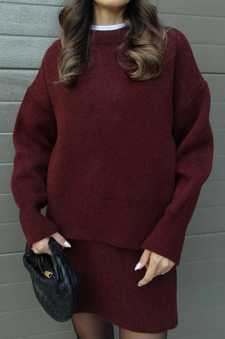 Soft Flattering Women’s Sweater Skirt Set - Pullover Crewneck, Knit High-Waist A-Line Mini Skirt For Fall
