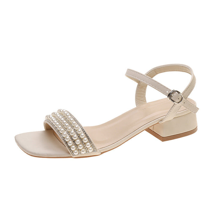 Lightweight Women’s Sandals - Mid-Heel Square Toe, Pearl-Embellished Straps, PU, For Summer