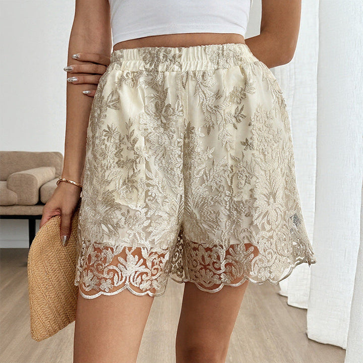 Lightweight women’s shorts - high-waist, embroidered lace trim, polyester fiber, everyday wear