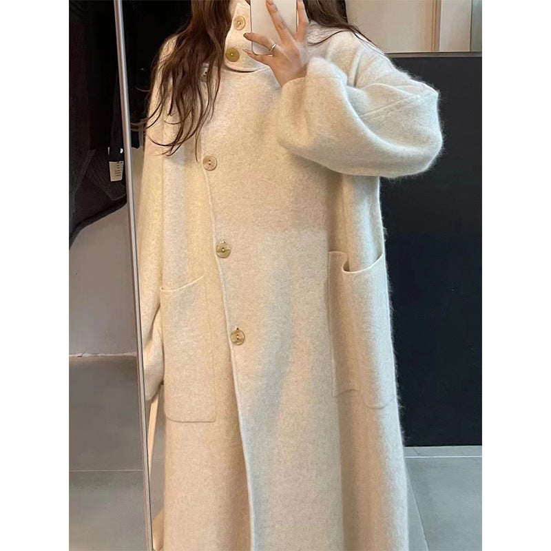 Warm Cozy Womens Wool Midlength Overcoat - Turtleneck Knit