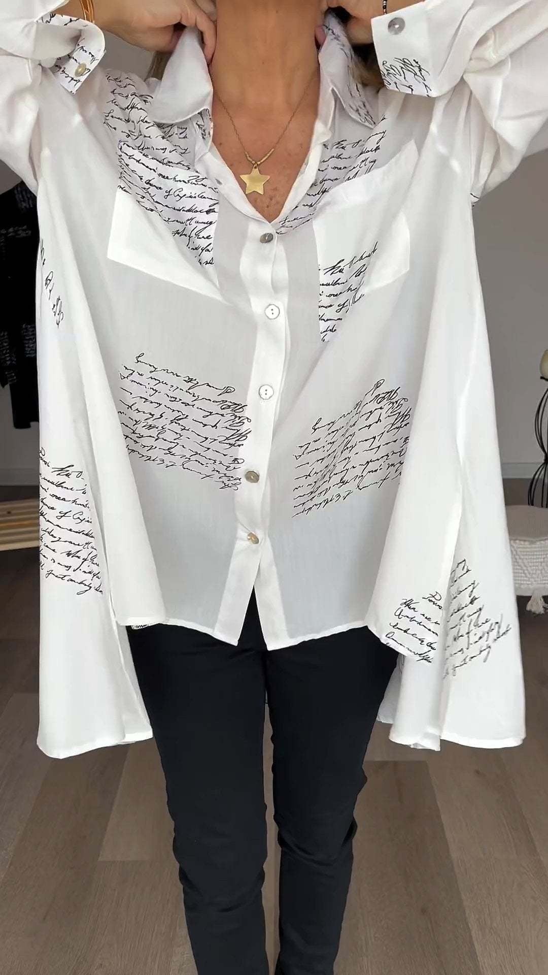 Handwritten Print Button Up Shirt for Men, Short Sleeve Casual Chic Viscose Top