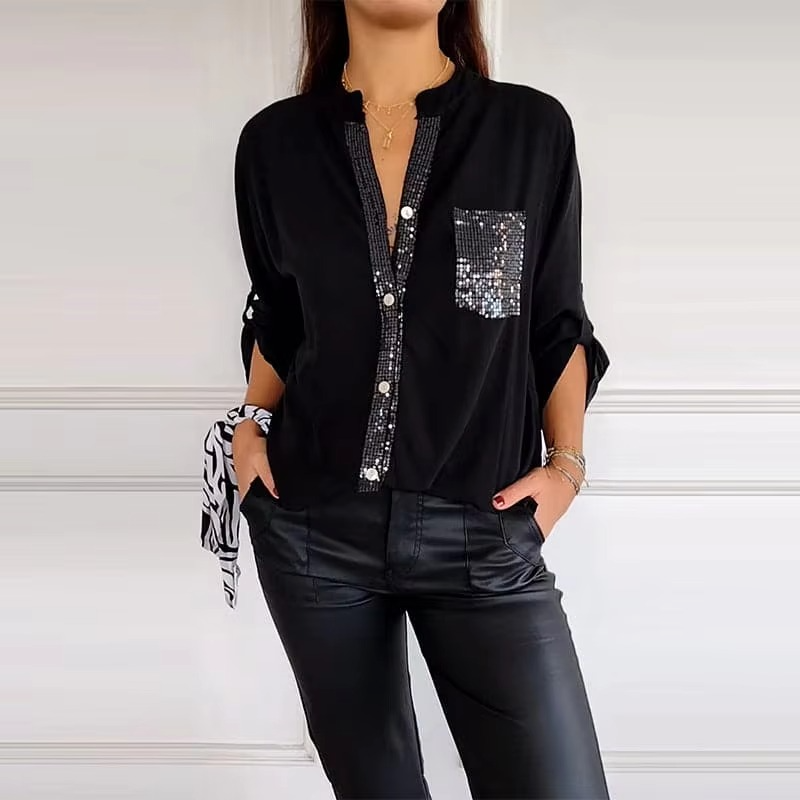 Casual Button Top with Sequins - Stylish Women&