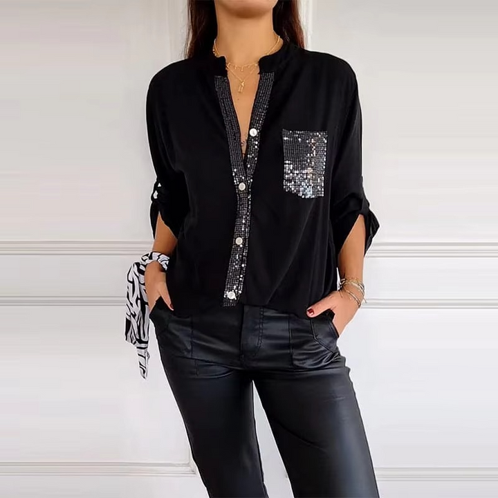 Casual Button Top with Sequins - Stylish Women&