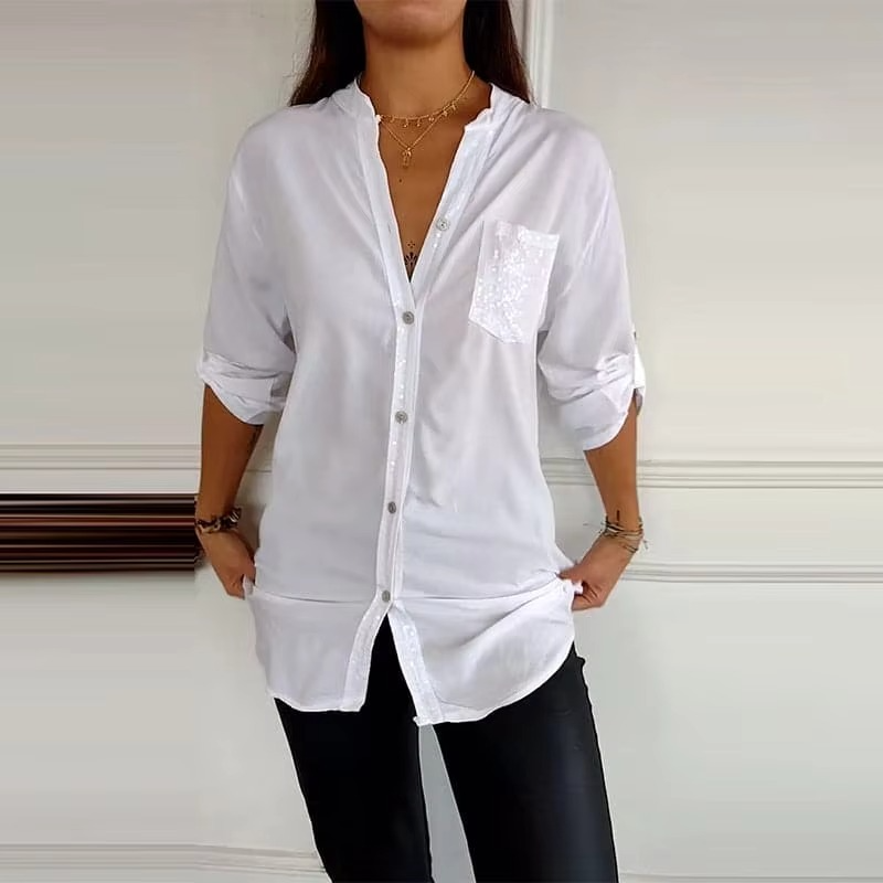 Casual Button Top with Sequins - Stylish Women&