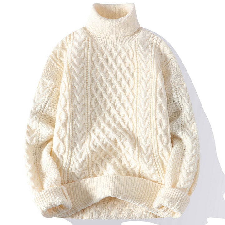 Warm Mens Turtleneck Sweater - Relaxed Cable Knit, Winter