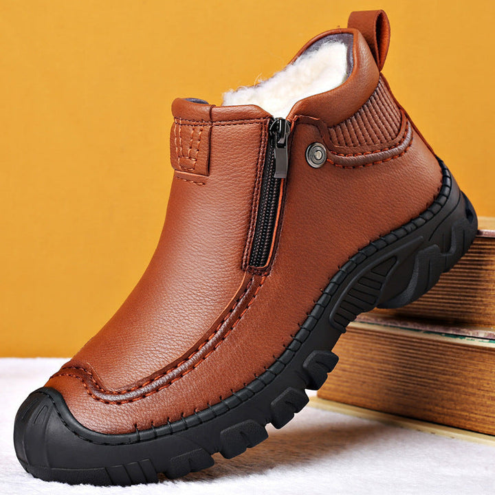 Warm Mens Ankle Boots - Zip Closure, PU Leather, Winter