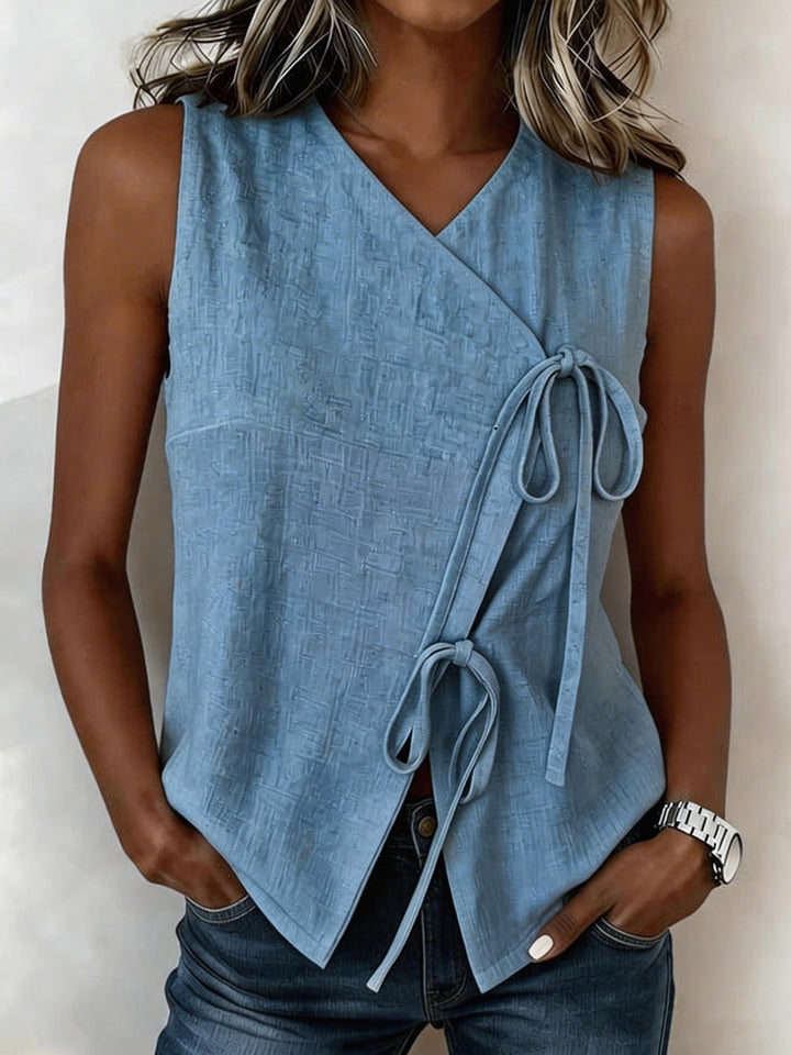 Breathable Women’s Sleeveless Top – Bow-Tied V-Neck, Cotton and Linen, Casual Wear