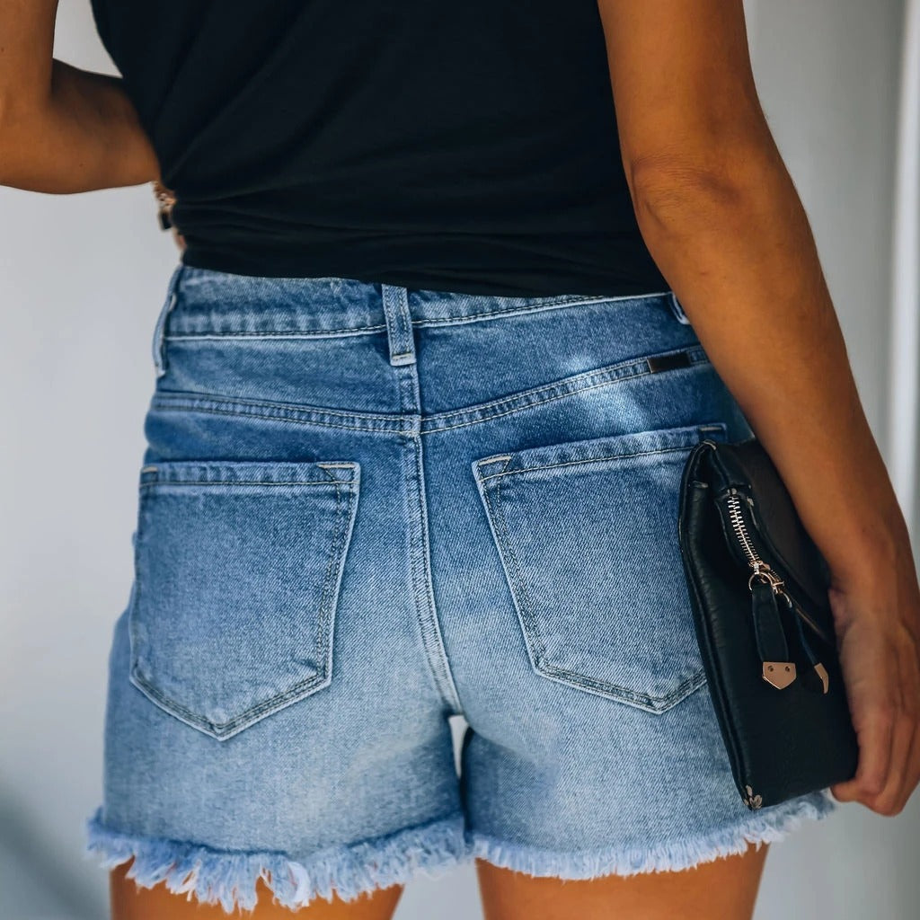 Stretchy Women’s Denim Shorts – Distressed Cut, Denim, Casual Everyday Wear for Summer