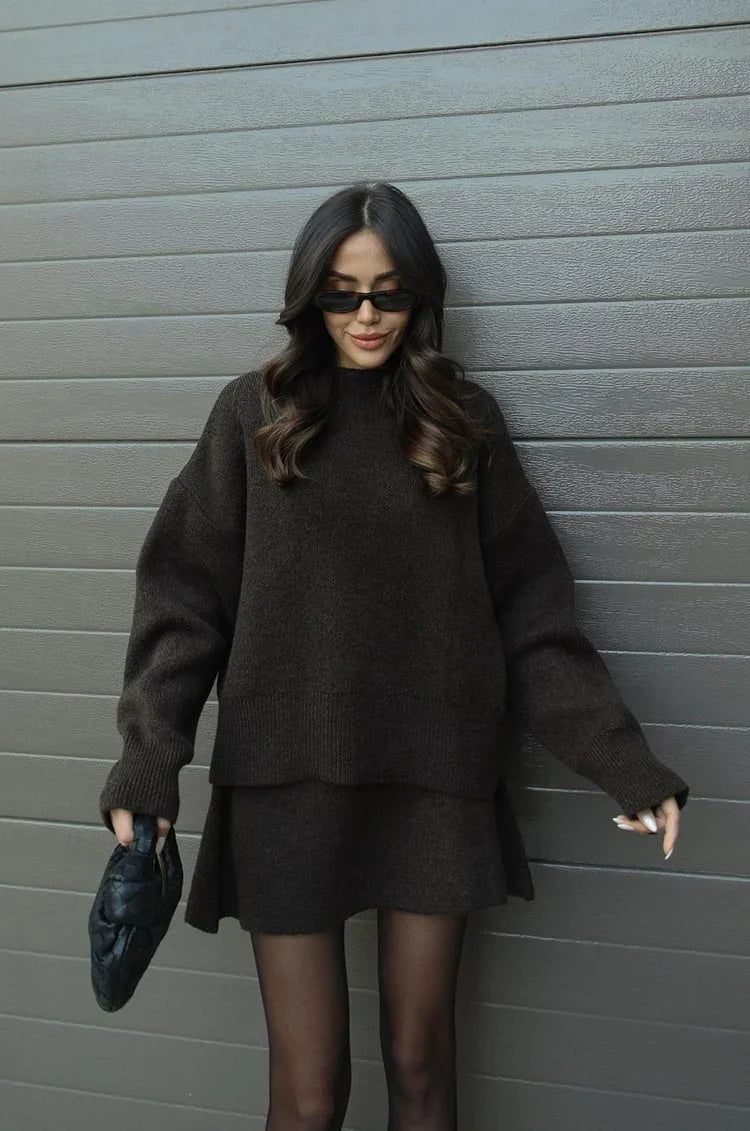 Soft Flattering Women’s Sweater Skirt Set - Pullover Crewneck, Knit High-Waist A-Line Mini Skirt For Fall