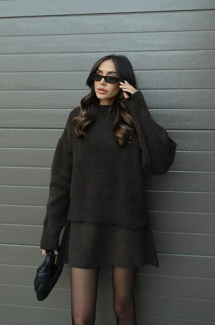 Soft Flattering Women’s Sweater Skirt Set - Pullover Crewneck, Knit High-Waist A-Line Mini Skirt For Fall
