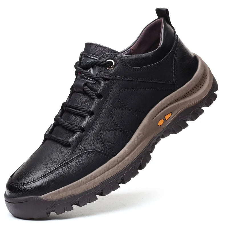Hand-Sewn Leather Leisure Shoes for Men, Waterproof, Comfortable, Non-Slip Rubber Sole, Lightweight for Outdoor Activities