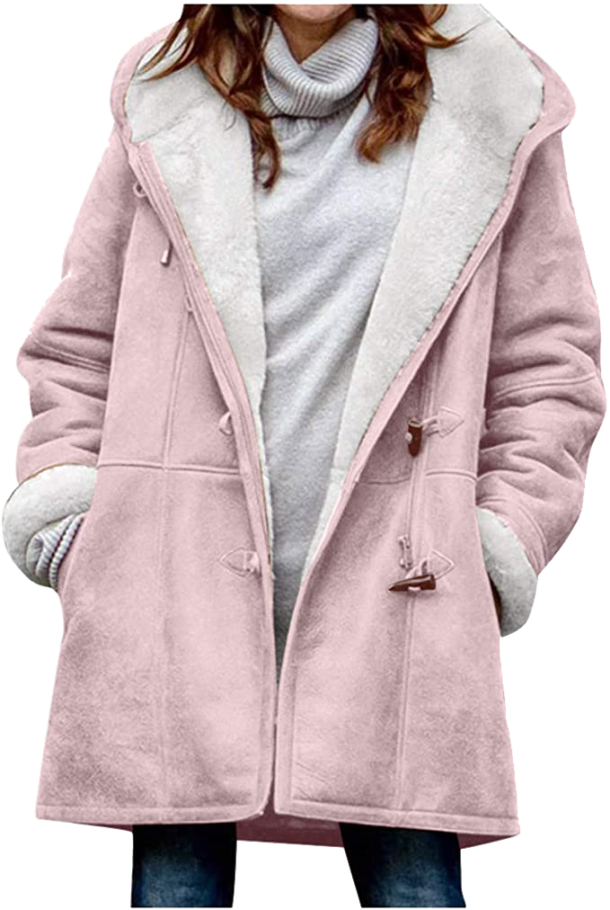 Warm Womens Winter Jacket - Hooded Mid-Thigh, Suede