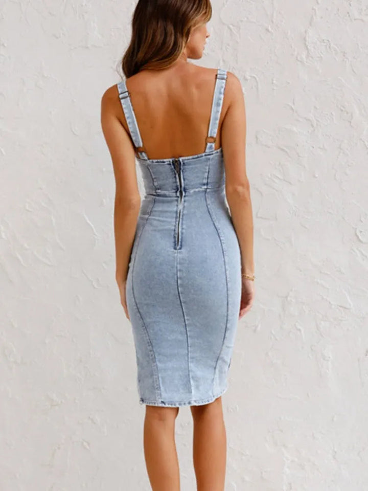 Washed Denim Midi Dress with Adjustable Straps, Bodycon Fit, Side Slit, Deep Circular Neckline for Women