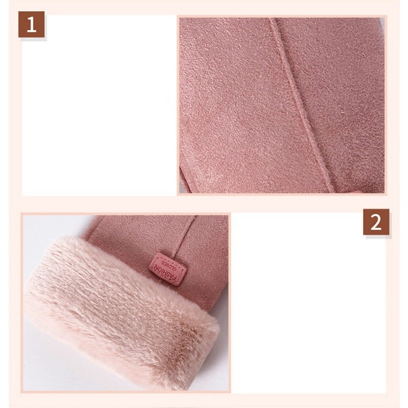 Warm Cozy Womens Gloves - Five-Finger Suede Fleece Winter