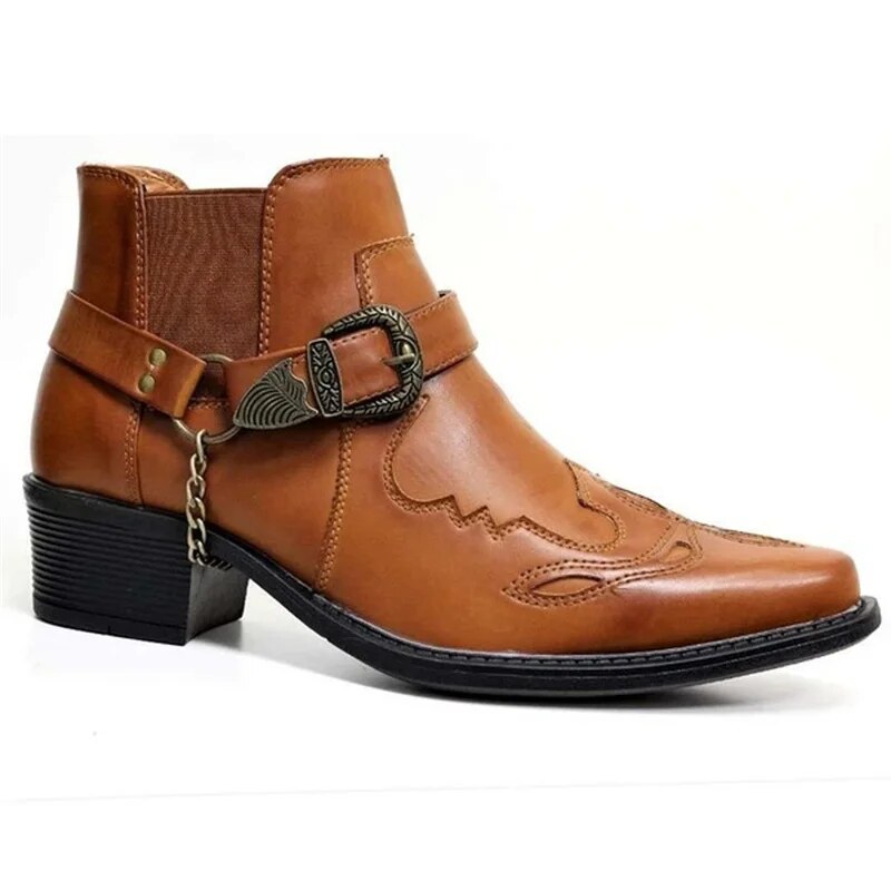 Handmade Leather Cowboy Boots for Men with Chain Buckle, Durable Motorcycle Style, Comfortable Fit