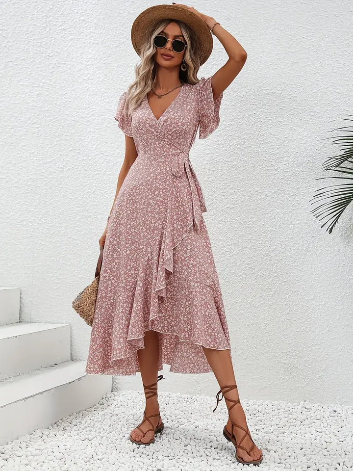Elegant Womens Dress with Flutter Sleeves and Wrap Detail - Perfect for Wedding Guests and Summer Events